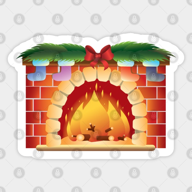 Fireplace and fire. On the fireplace are New Year's boots, a bow and Christmas tree branches. Sticker by ClubFate